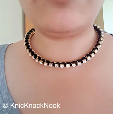 Gold, Black / Blue, Green, Yellow And Pink Choker Collar, Metal Choker, Fabric Choker With Diamante Faux Swarovski Crystal - 200317A116A/B
